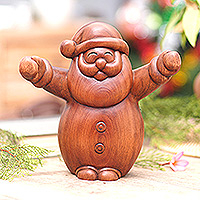 Wood statuette, 'Forest Santa' - Signed Brown Suar Wood Santa Claus Statuette from Bali
