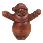 Wood statuette, 'Forest Santa' - Signed Brown Suar Wood Santa Claus Statuette from Bali