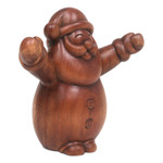 Wood statuette, 'Forest Santa' - Signed Brown Suar Wood Santa Claus Statuette from Bali