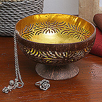 Coconut shell catchall, 'Inner Intuition' - Brown and Golden Coconut Shell Catchall Hand-Carved in Bali
