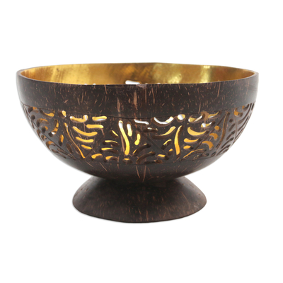Coconut shell catchall, 'Shapes of Hope' - Brown and Golden Coconut Shell Catchall Hand-Carved in Bali