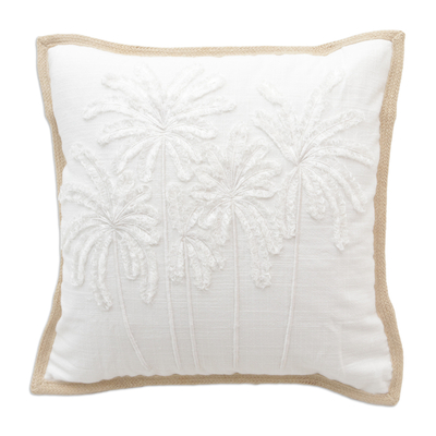 Linen cushion cover, 'Ivory Shores' - Tropical-Themed Embroidered Ivory Linen Cushion Cover