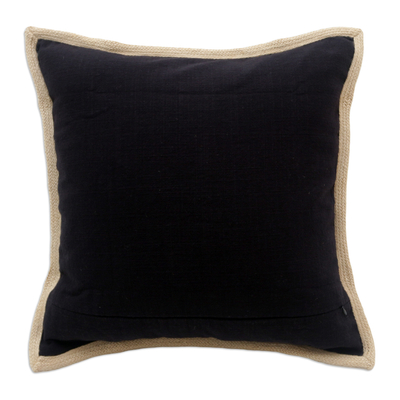 Linen cushion cover, 'Night Shores' - Tropical-Themed Embroidered Black Linen Cushion Cover