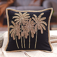 Linen cushion cover, 'Noon Shores' - Tropical-Themed Embroidered Linen Cushion Cover from Bali