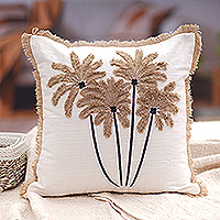 Linen cushion cover, 'Summer Breezes' - Linen Cushion Cover with Tropical-Themed Embroidered Motifs