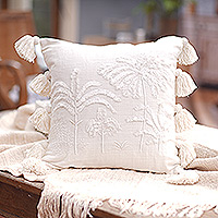 Funda de cojín de lino, 'Tropical Gaze' - Funda de cojín de marfil con temática tropical y borlas de algodón