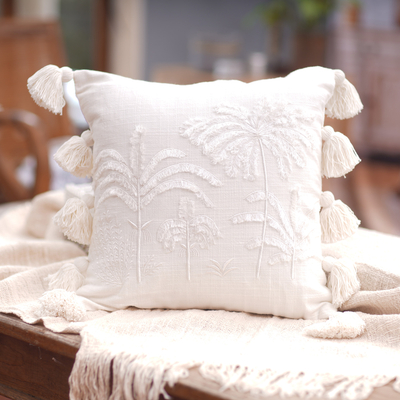 Linen cushion cover, 'Tropical Gaze' - Tropical-Themed Ivory Cushion Cover with Cotton Tassels