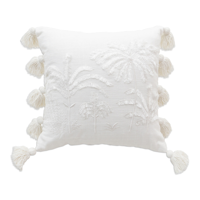 Linen cushion cover, 'Tropical Gaze' - Tropical-Themed Ivory Cushion Cover with Cotton Tassels