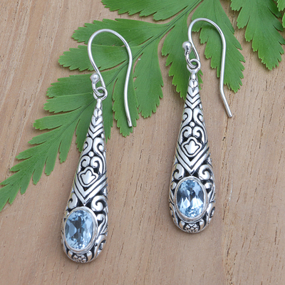 Blue topaz dangle earrings, 'Heavenly Queen in Blue' - Traditional Dangle Earrings with Two-Carat Blue Topaz Gems