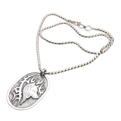 Sterling silver pendant necklace, 'Oneiric Wolf' - Sterling Silver Wolf-Themed Pendant Necklace from Java
