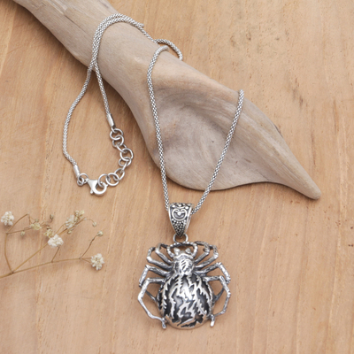 Sterling silver pendant necklace, 'Night Spirit' - Sterling Silver Spider Pendant Necklace Crafted in Java