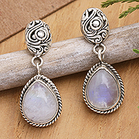Rainbow moonstone dangle earrings, 'Harmonious Dame' - Rainbow Moonstone Dangle Earrings with Traditional Motifs
