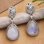 Rainbow moonstone dangle earrings, 'Harmonious Dame' - Rainbow Moonstone Dangle Earrings with Traditional Motifs