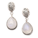 Rainbow moonstone dangle earrings, 'Harmonious Dame' - Rainbow Moonstone Dangle Earrings with Traditional Motifs