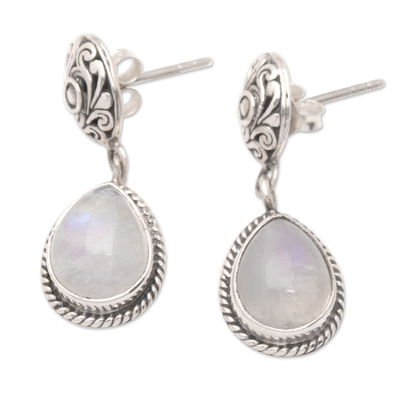 Rainbow moonstone dangle earrings, 'Harmonious Dame' - Rainbow Moonstone Dangle Earrings with Traditional Motifs