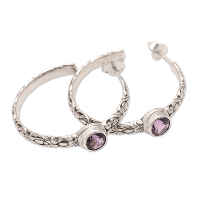 Amethyst half-hoop earrings, 'Purple Balinese Deity' - Traditional Half-Hoop Earrings with Faceted Amethyst Gems