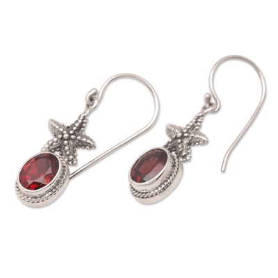 Garnet dangle earrings, 'Passionate Star' - Sterling Silver Marine Dangle Earrings with Garnet Gemstones