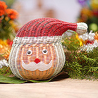 Rattan basket, 'Secret Santa Claus' - Holiday Santa Claus Rattan Basket Painted by Hand