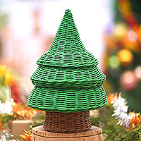 Rattan basket, 'Secret Christmas Tree' - Holiday Christmas Tree Rattan Basket Painted by Hand