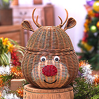 Rattan basket, 'Secret Holiday Reindeer' - Holiday Reindeer Rattan Basket Painted by Hand