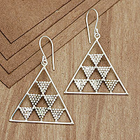 Sterling silver dangle earrings, 'Beaded Pyramids' - Sterling Silver Pyramid Dangle Earrings Crafted in Bali