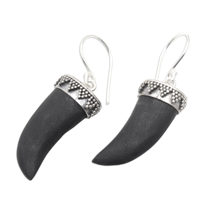 Lava stone dangle earrings, 'Black Fangs' - Fang-Themed Sterling Silver Dangle Earrings with Lava Stone