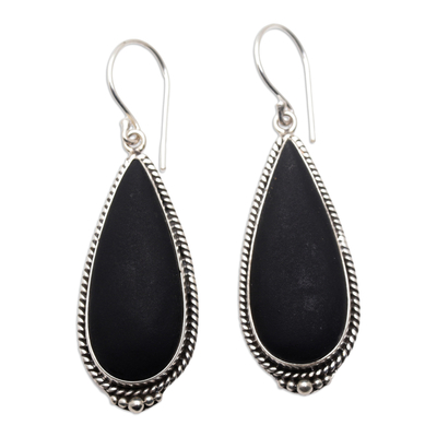 Lava stone dangle earrings, 'Dark Drop' - Sterling Silver Teardrop Dangle Earrings with Lava Stone