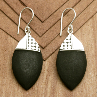 Lava stone dangle earrings, 'Nocturnal Armadillo' - Sterling Silver Dangle Earrings with Lava Stone Made in Bali