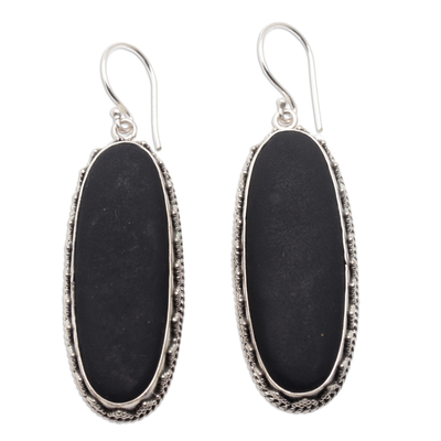 Lava stone dangle earrings, 'Batur at Night' - Sterling Silver Dangle Earrings with Lava Stone from Bali