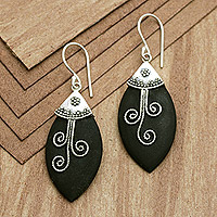 Lava stone dangle earrings, 'Lovely Flower by Night'