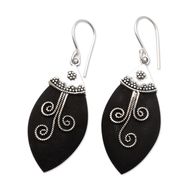 Lava stone dangle earrings, 'Lovely Flower by Night' - Sterling Silver Floral Dangle Earrings with Lava Stone