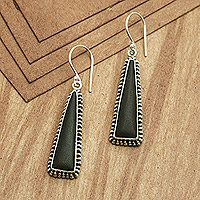Lava stone dangle earrings, 'Black Pyramid' - Pyramid-Themed Sterling Silver & Lava Stone Dangle Earrings