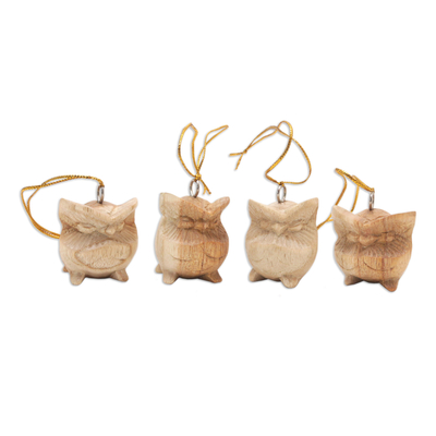 Wood ornaments, 'Little Savants' (set of 4) - Set of 4 Jempinis Wood Owl Ornaments Hand-Carved in Bali
