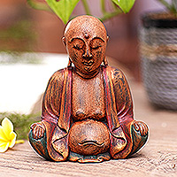 Wood statuette, 'The Wisdom of Buddha' - Hand-Carved Suar Wood Buddha Statuette in an Antique Finish