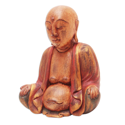 Holzstatuette - Handgeschnitzte Buddha-Statuette aus Suar-Holz mit antikem Finish