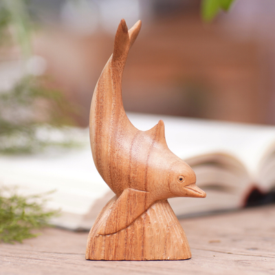 Wood statuette, 'Sea Guide' - Hand-Carved Jempinis Wood Dolphin Statuette from Bali