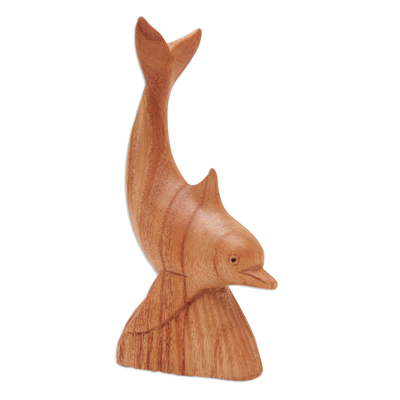 Wood statuette, 'Sea Guide' - Hand-Carved Jempinis Wood Dolphin Statuette from Bali
