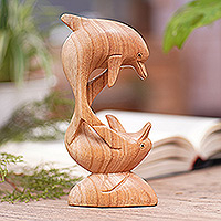 Wood sculpture, 'Dolphin Playmates' - Sculpture of Dolphins Playing Hand-Carved from Wood in Bali