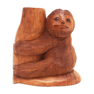 Wood sculpture, 'Slow Loris Hug' - Balinese Hand-Carved Suar Wood Sculpture of Slow Loris