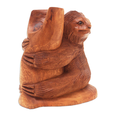 Wood sculpture, 'Slow Loris Hug' - Balinese Hand-Carved Suar Wood Sculpture of Slow Loris
