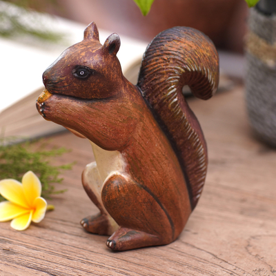 Wood statuette, 'Fluffy Energy' - Hand-Carved Jempinis Wood Squirrel Statuette Painted in Bali