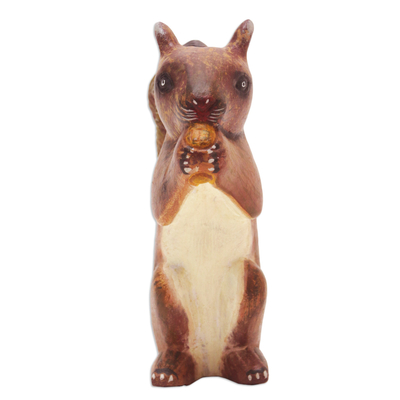 Wood statuette, 'Fluffy Energy' - Hand-Carved Jempinis Wood Squirrel Statuette Painted in Bali