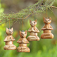 Wood ornaments, 'Feline Contemplation' (set of 4) - Set of 4 Hand-Carved Jempinis Wood Cat Ornaments from Bali