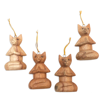Wood ornaments, 'Feline Contemplation' (set of 4) - Set of 4 Hand-Carved Jempinis Wood Cat Ornaments from Bali