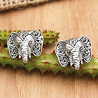 Sterling silver button earrings, 'Sages of Java' - Sterling Silver Elephant-Themed Button Earrings from Java