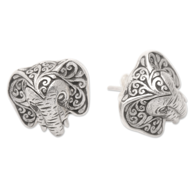 Sterling silver button earrings, 'Sages of Java' - Sterling Silver Elephant-Themed Button Earrings from Java