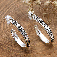 Sterling silver half-hoop earrings, 'Stylish Look' - Sterling Silver Floral Half-Hoop Earrings with Swirl Motifs