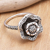Sterling silver cocktail ring, 'Java's Rose' - Floral Sterling Silver Cocktail Ring with Traditional Motifs