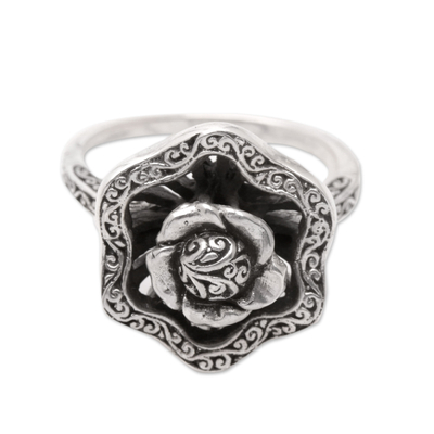 Sterling silver cocktail ring, 'Java's Rose' - Floral Sterling Silver Cocktail Ring with Traditional Motifs