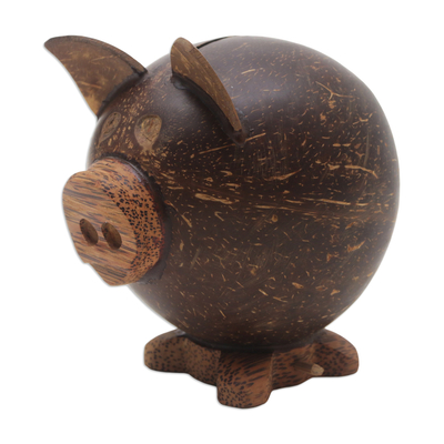Coconut shell coin bank, 'Prosperous Piggy' - Handcrafted Brown Coconut Shell Pig Coin Bank from Bali